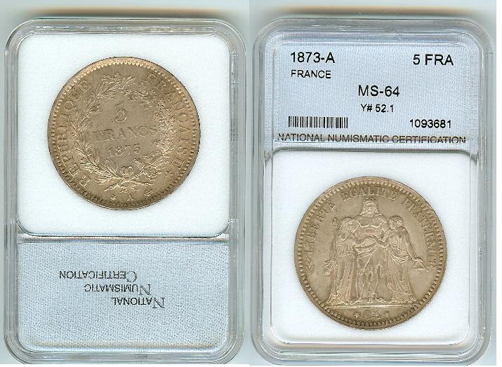 5 Francs Hercule 1873A Paris -FDC(MS64)